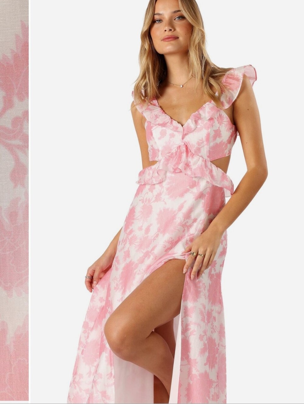 Petal & Pup Pink and White Floral Midi Dress with Side Cutouts